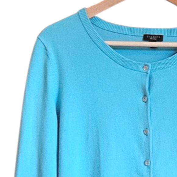 Talbots Cartigan Sweater Button Down Cotton Turquoise Women's Large - Picture 2 of 6